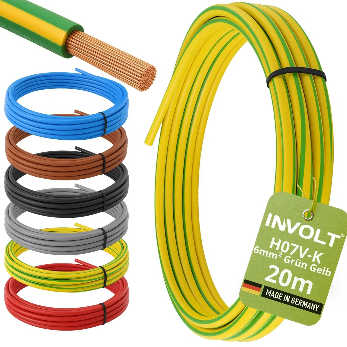 INVOLT H07V-K 20m 6mm² vert-jaune câble souple PVC au mètre, Fabriqué en Allemagne