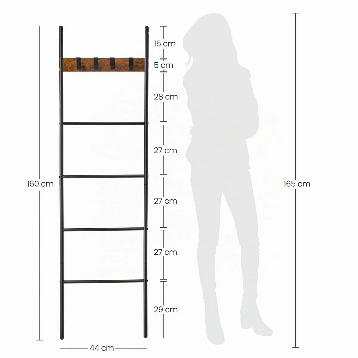 VASAGLE Étagère échelle inclinée, Porte-serviettes, 5 niveaux, 44 x 160 cm, gain de place, cadre en acier, 4 crochets, pour couvertures, serviettes, style industriel, Marron Rustique et Noir LLS016B01