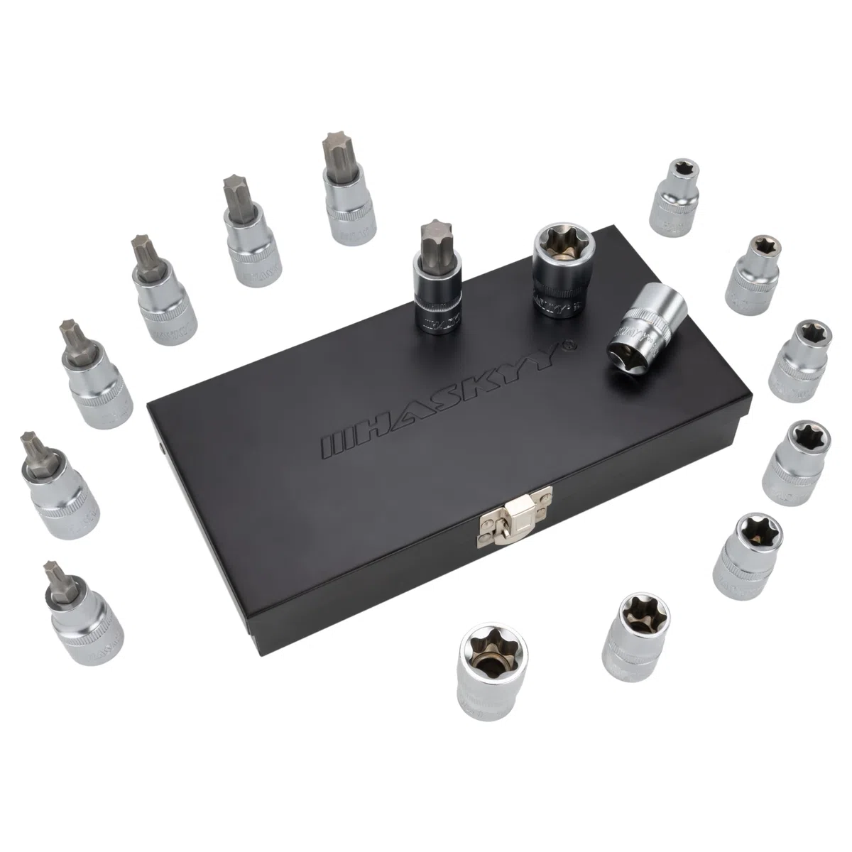 HASKYY Professional 16 pièces Jeu de douilles Torx d'embouts I Jeu d'écrous I T30-T70 55mm de long I E10-E20 39mm de long