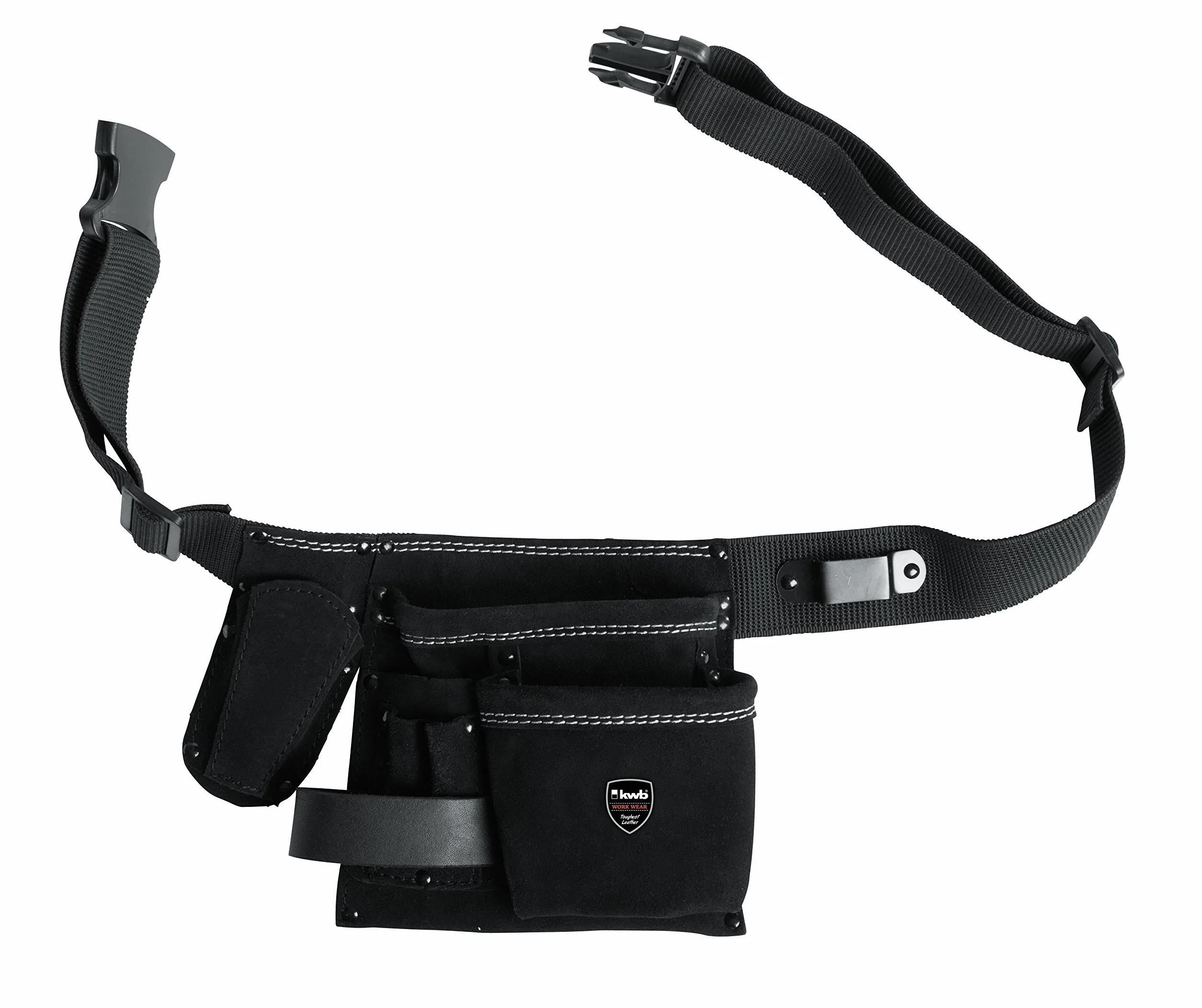 kwb sacoche à outils en cuir avec ceinture - 5 compartiments, poche à clous, poche à couteau, porte marteau et support pour mètre ruban