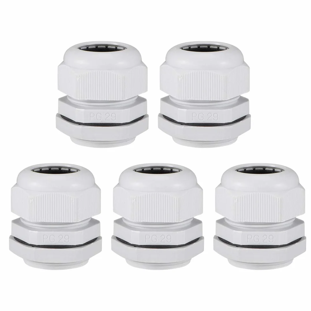 sourcing map PG29 Presse-étoupe 13mm-24mm Fil Trou Imperméable Nylon Joint Réglable Contre-écrou avec Rondelle Blanc 5Pcs