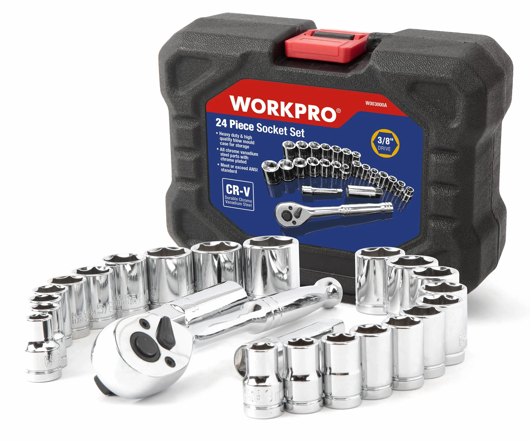 WORKPRO Coffret de Douilles Compact avec Clé à Cliquet 3/8-inch 24-Pièce