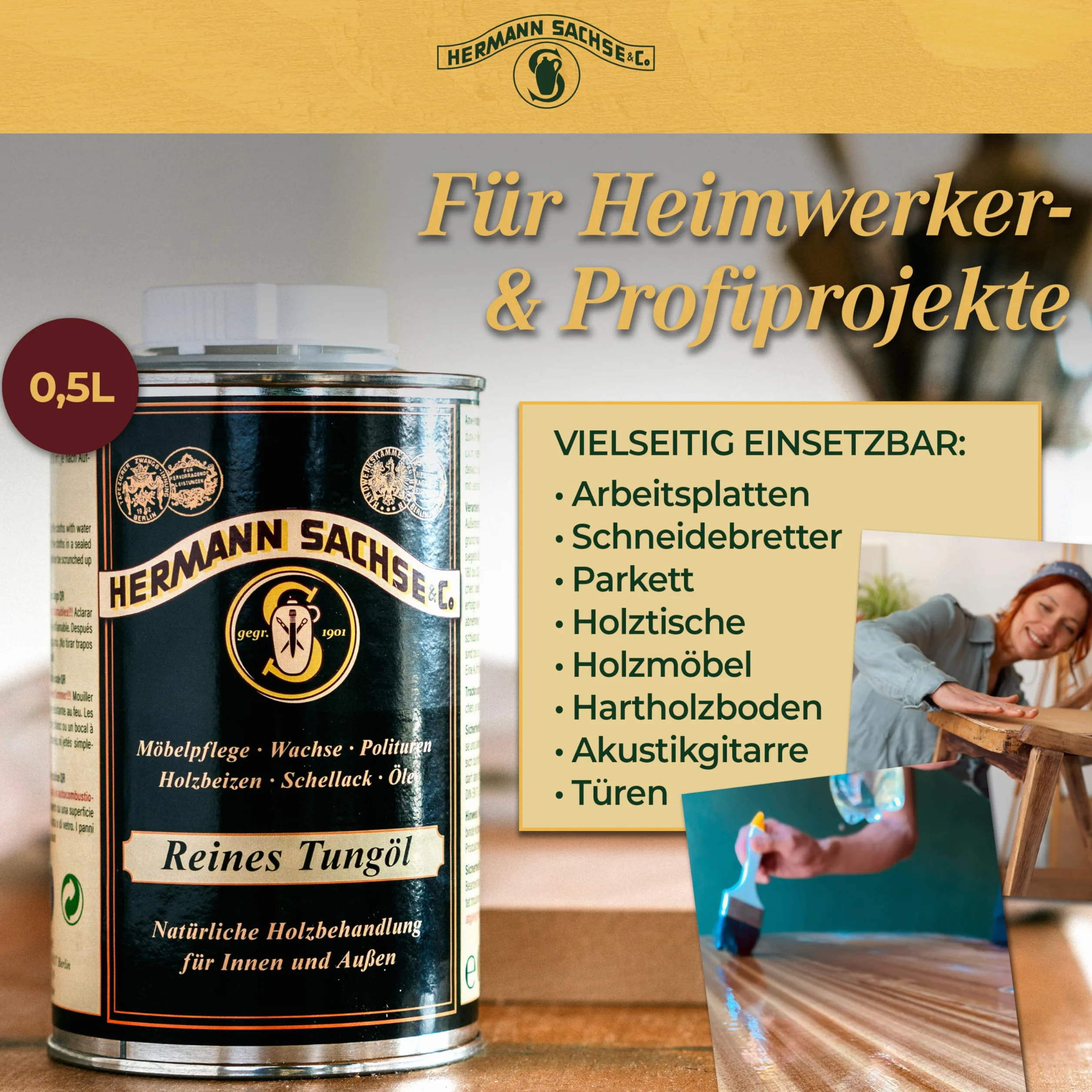 Huile de tung pure 0,5 l - Huile pour bois 100 % naturelle pour intérieur et extérieur - Surface très résistante et imperméable - Couverture : environ 4 à 8 m²