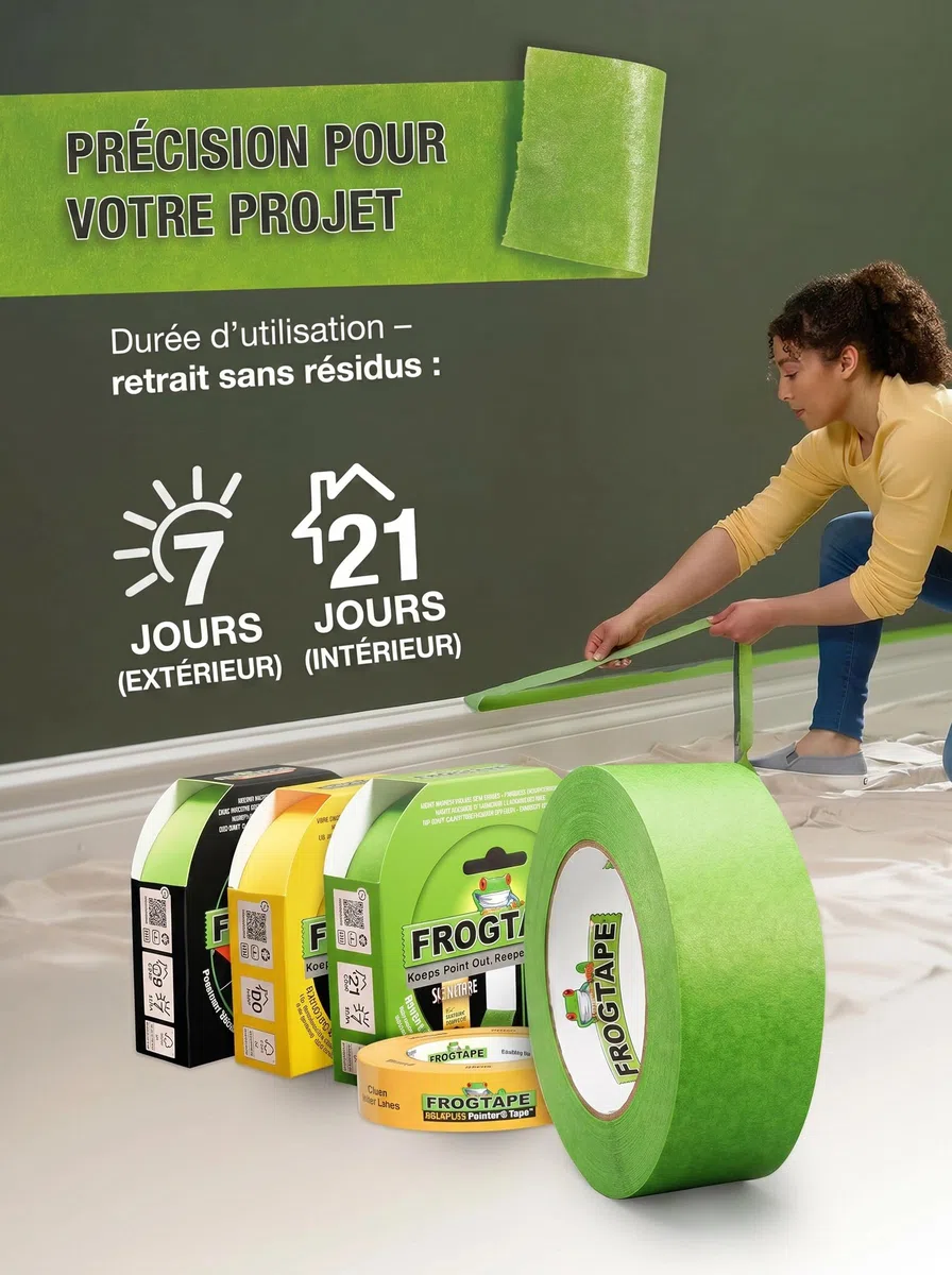 FrogTape Multi Surface Ruban de Masquage 36mm x 55m lot de 3, Adhésif Peintre avec Technologie PaintBlock, Lignes Nettes, Enlèvement Sans Résidus, Scotch Peinture pour Bois Verre Métal, Vert