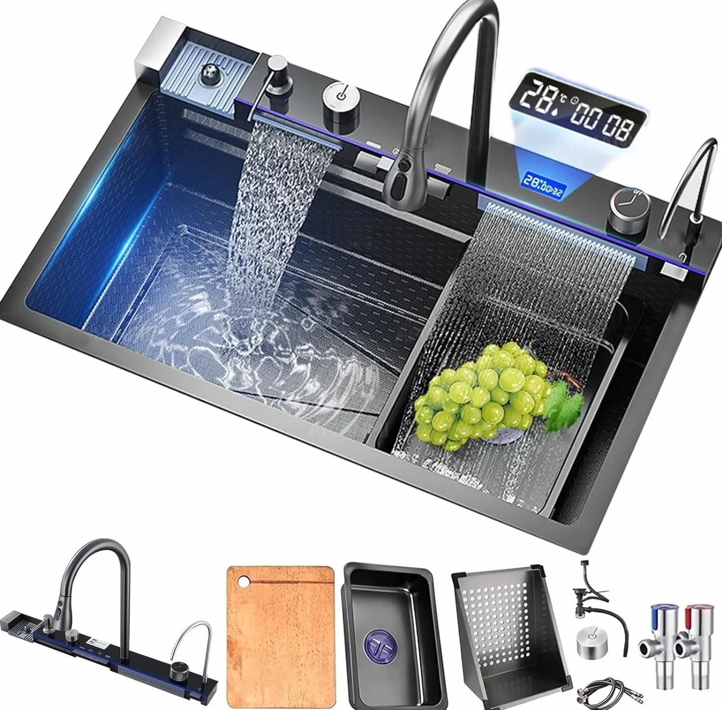 Évier de cuisine en acier inoxydable T304, en cascade, encastré, avec robinet numérique multifonctionnel, divers accessoires (75 x 45 cm)
