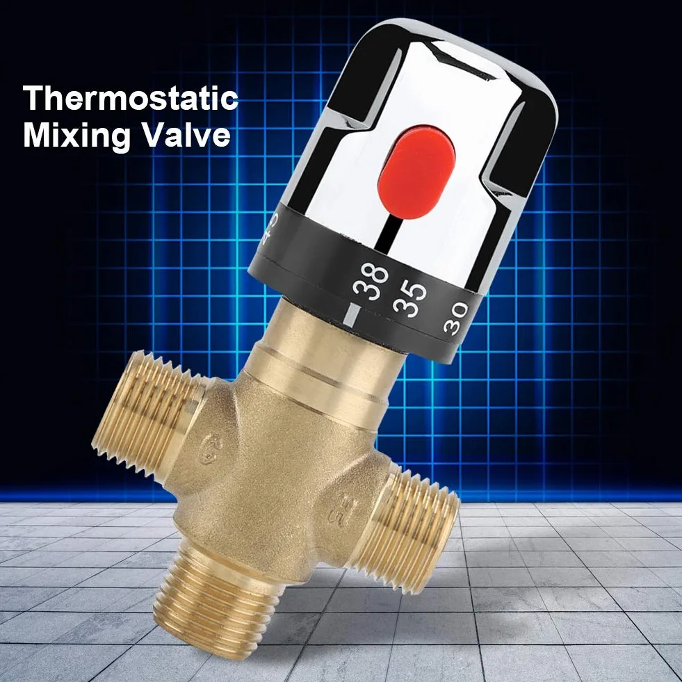 Mitigeur Thermostatique avec Raccords Mâles 1/2 NPT, Vanne de Contrôle de la Température de L'eau, Contrôle du Thermostat, Laiton Massif