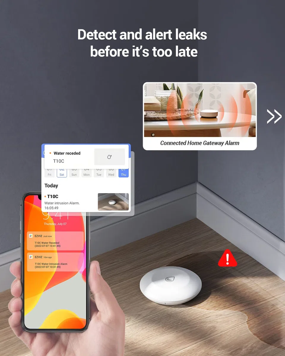 EZVIZ T10C Détecteur de Fuite d'eau sans Fil, Zigbee, pour télécommande et domotique, système d'alarme, IP 67, Autonomie de 365 Jours, Utiliser avec Le Centrale A3
