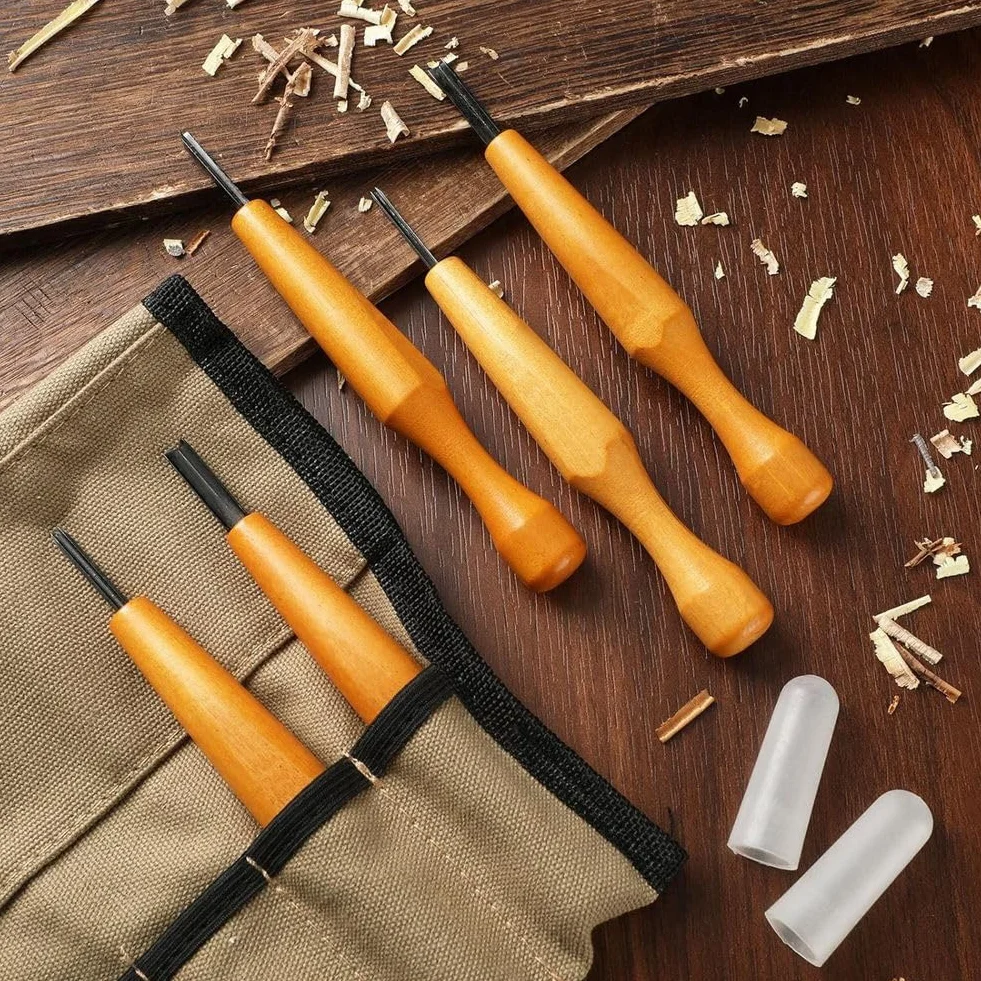 Ensemble D'Outils de Gravure en V pour Linogravure : Couteaux Triangulaires pour Linoléum et Bois, 5 Ciseaux Inclus
