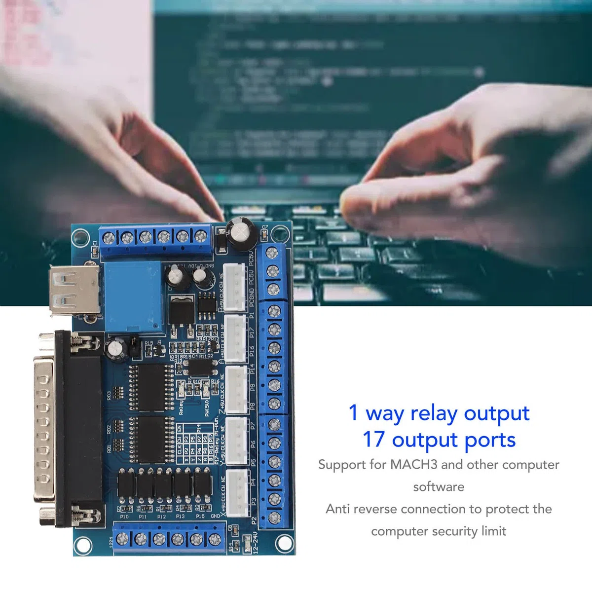 DC 12-24V CNC Breakout Board 5 Axes Mach3 Carte d'interface avec carte d'isolement optocoupleur, câble de port USB DB25 Câble pour pilote de moteur pas à pas MACH3(Bleu)