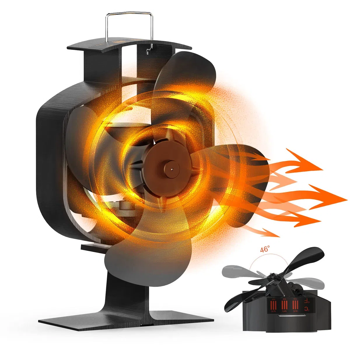 Ventilateur Poele à Bois, Oscillation Ventilateur de Poêle avec Thermomètre, Silencieux Ventilateur de Cheminée pour Poêle à Bois/Cheminée/Gaz/Bûche/Poêle à Granulés