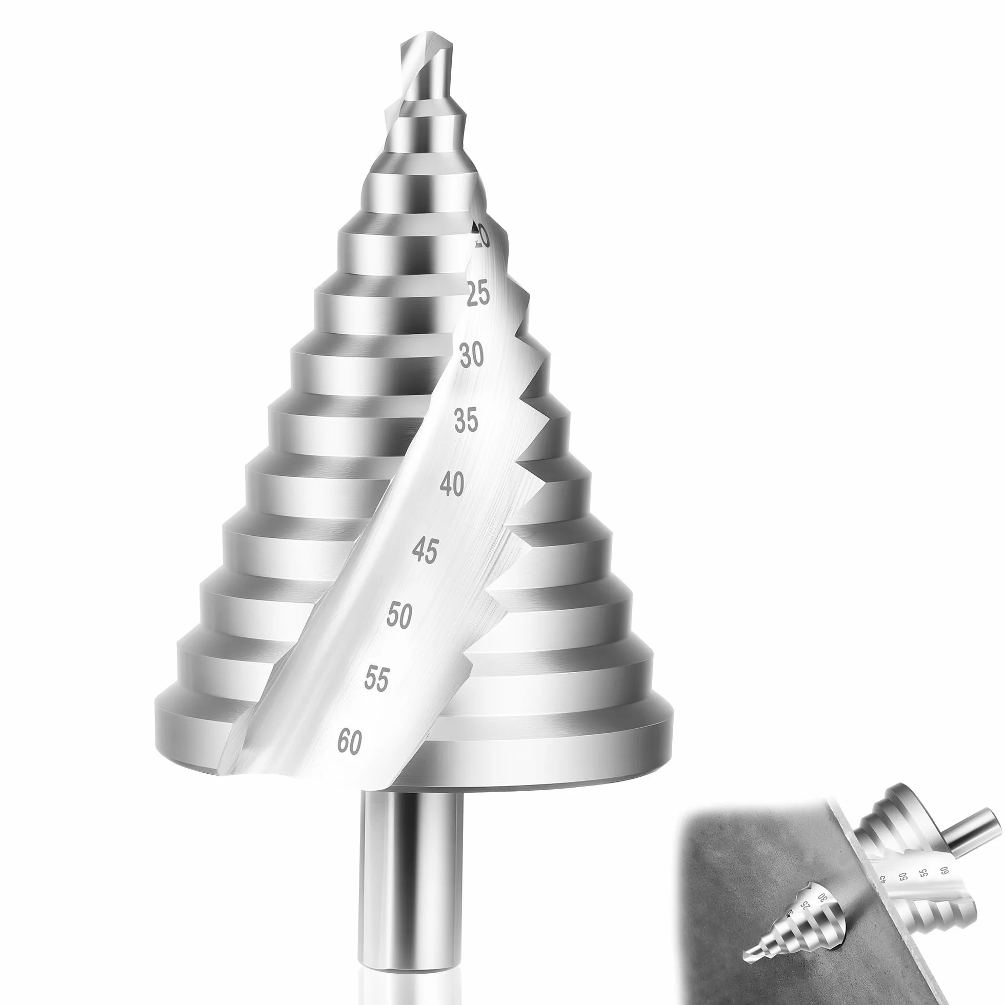 JIZZU Foret Étagé Ø 6-60 mm, Foret Étage Metal HSS (Acier Rapide), Fraise Etage Metal Revêtement en Titane, Pour le bois, le plastique, les tôles métalliques (3 mm)