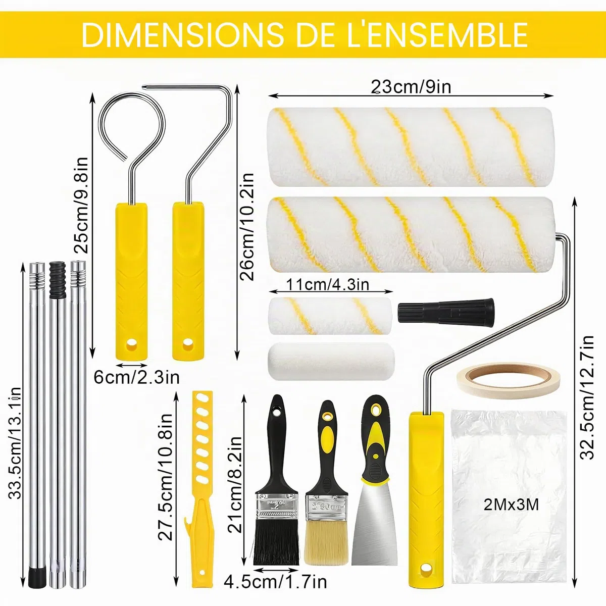 Rouleau Peinture, Rouleau Peinture Mousse Kit De Peinture 20 Pièces Avec Rouleau Long Poil 9", Manche Télescopique, Pinceaux, Bac, Bâche Et Accessoires Pour Murs