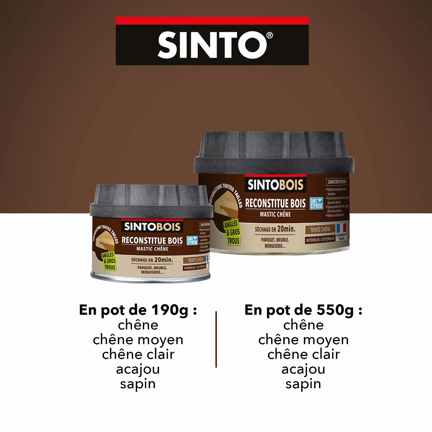 SINTO Mastic reconstitue angles et gros trous chêne 500ml, mastic bi-composant séchage en 20 min, parquets meubles menuiseries, bonne adhérence et résistance sur bois, intérieur et extérieur
