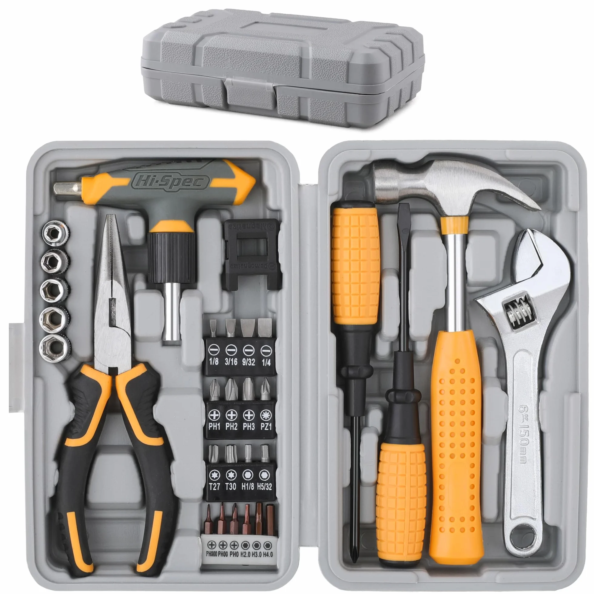 Kit d'outils manuel compact Hi-Spec 30 pièces pour bricolage à domicile et au bureau. Kit de démarrage d'outils pour réparations domestiques dans une boîte à outils portable