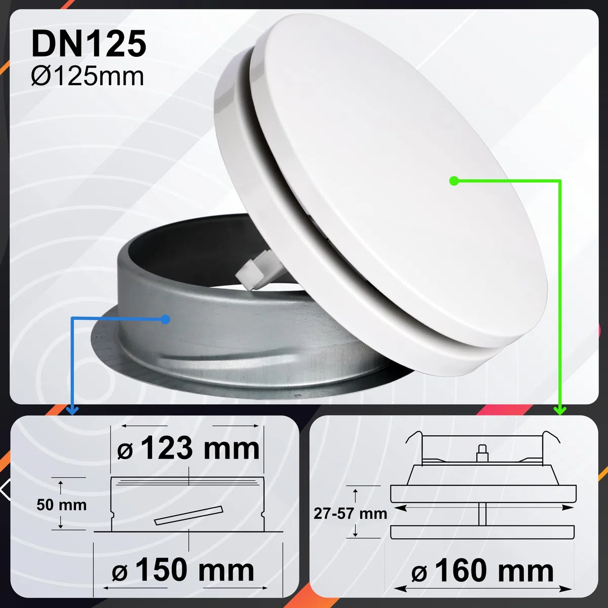 Ø80 Ø100 Ø125 Ø160 mm – DOMUX Bouche VMC 2 en 1 Extraction et Insufflation Design Premium – Acier Blanc Laqué Réglable Silencieux – Salon Chambre Bureau – Garantie 5 Ans – Ø125 mm