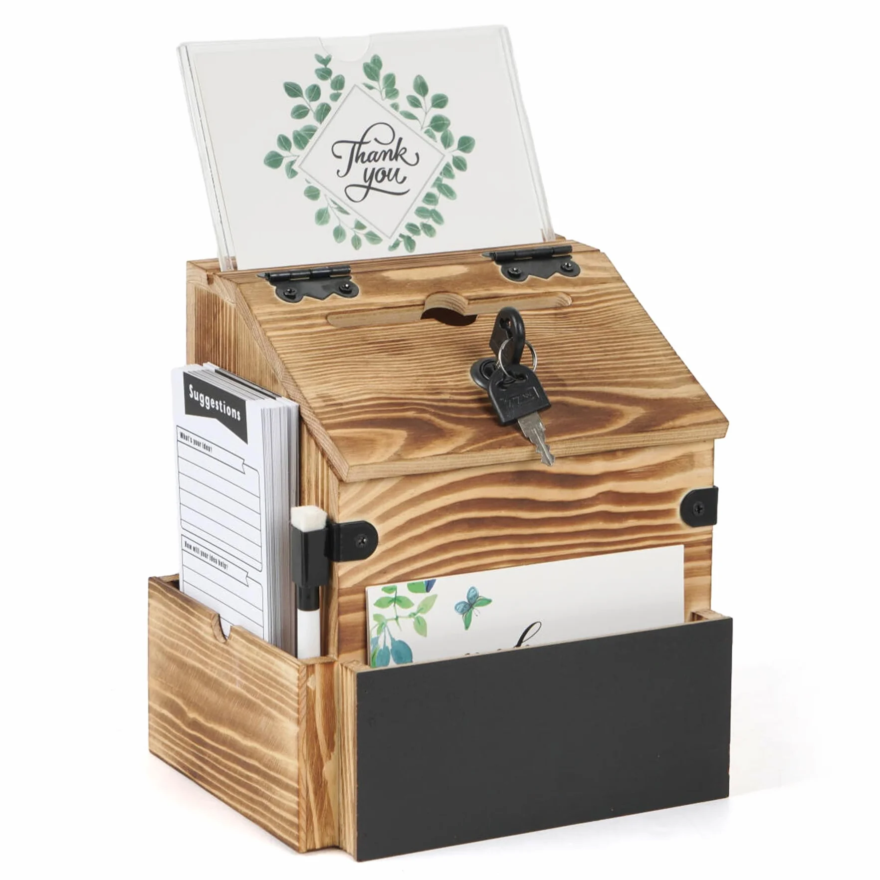 Boîte en bois proposant un compartiment à journaux, boîte aux lettres verrouillable et une urne