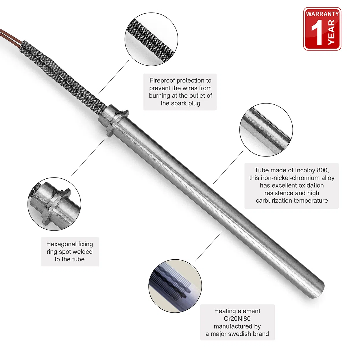 Bougie d'allumage pour poêle à granules - 350 W, 150/160 mm, diamètre 12,5 mm, à bague avec cosses - GARANTIE 1 an (Modele actuel)