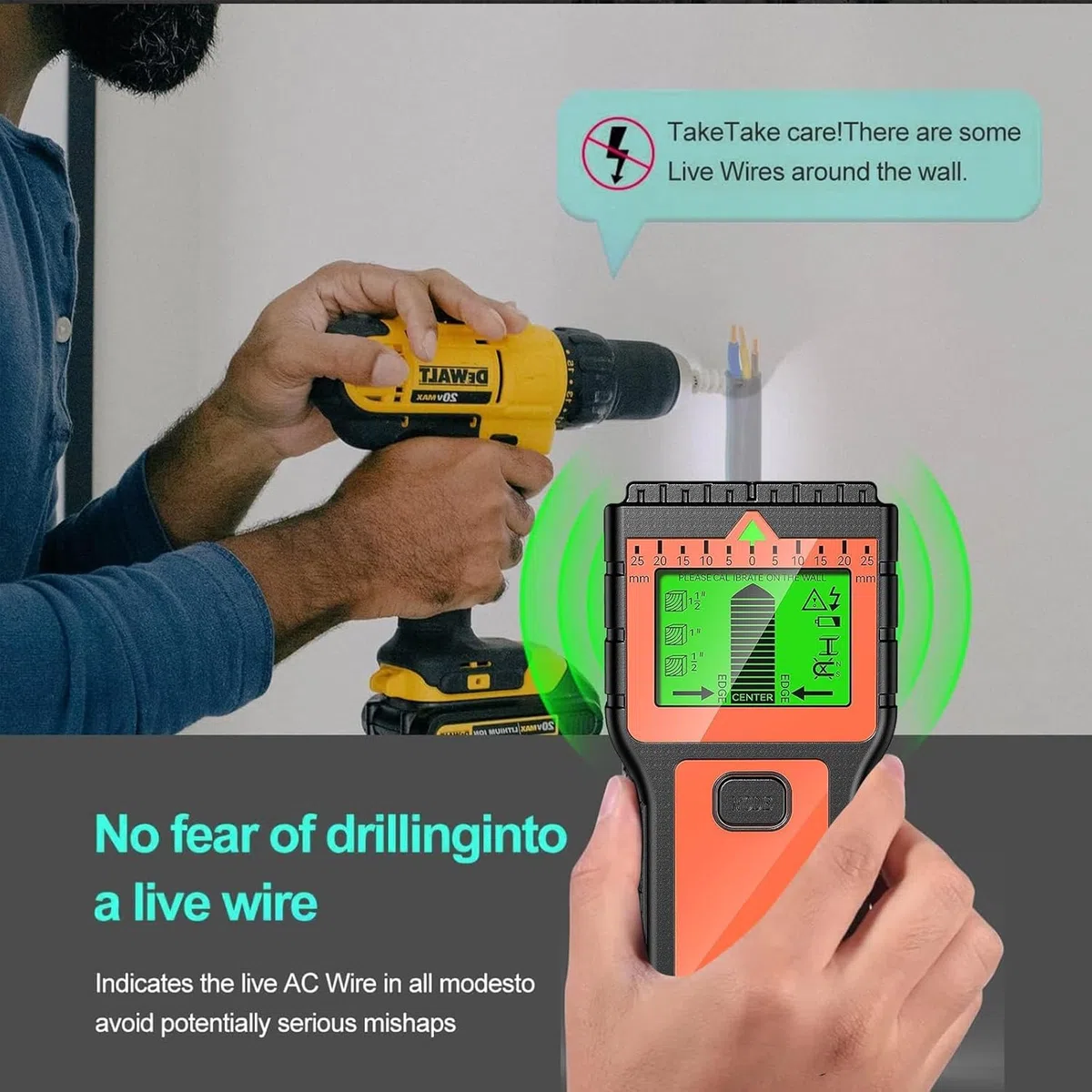 Détecteur de cable électrique avec écran LCD et alarme sonore – Scanner mural multifonction pour bois, métal et tuyaux (Orange)