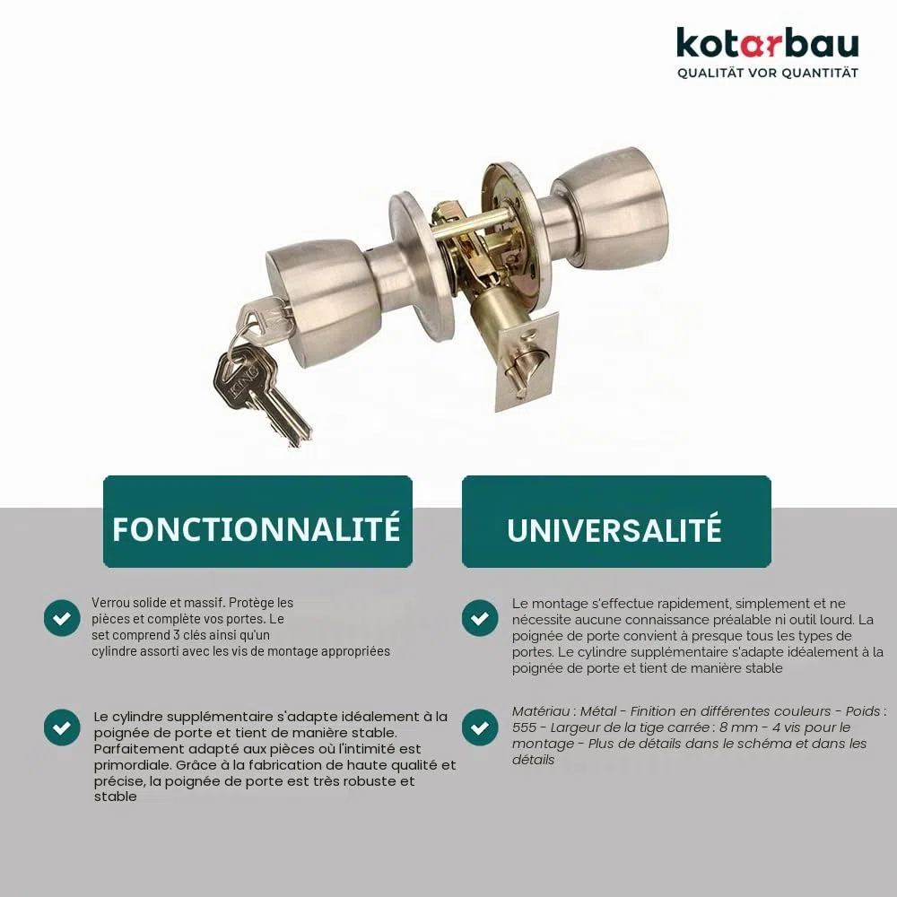 KOTARBAU Bouton de porte avec serrure - En métal - Rond - Avec 3 clés - Rosace à encastrer (satiné)