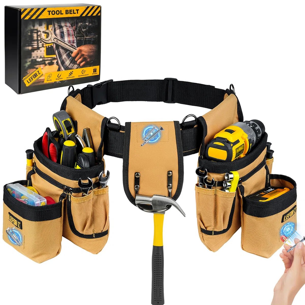Ceinture porte Outils mit 27 Poches,Ceinture à Outils,Amovible Réglable Sac à Outils Magnétique avec 4 anneaux en D,Rembourrée Robuste pour Hommes,électriciens,Charpentiers,Ouvriers du Bâtiment