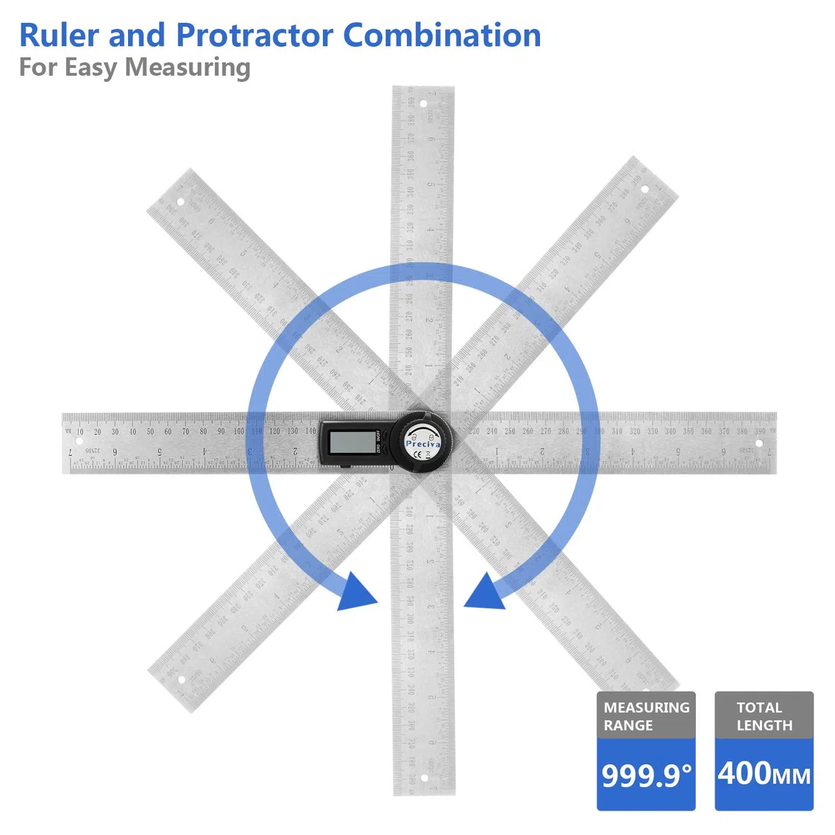 Règle D'angle Numérique, Preciva Rapporteur, Mesure de Longueur 400 mm et Angle en Acier Inoxydable avec Maintien, Zéro et Grand Ecran LCD, Système Mm/Inch, pour le Travail du Bois, Construction