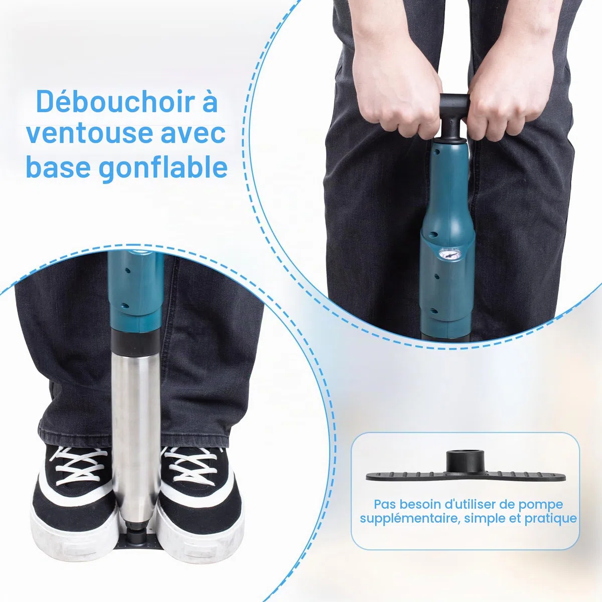 Déboucheur de canalisations à air comprimé, pompe avec indicateur de pression d'air, pompe de nettoyage de canalisations à air comprimé avec 4 ventouses, gants et pince à griffes, pour WC, toilettes