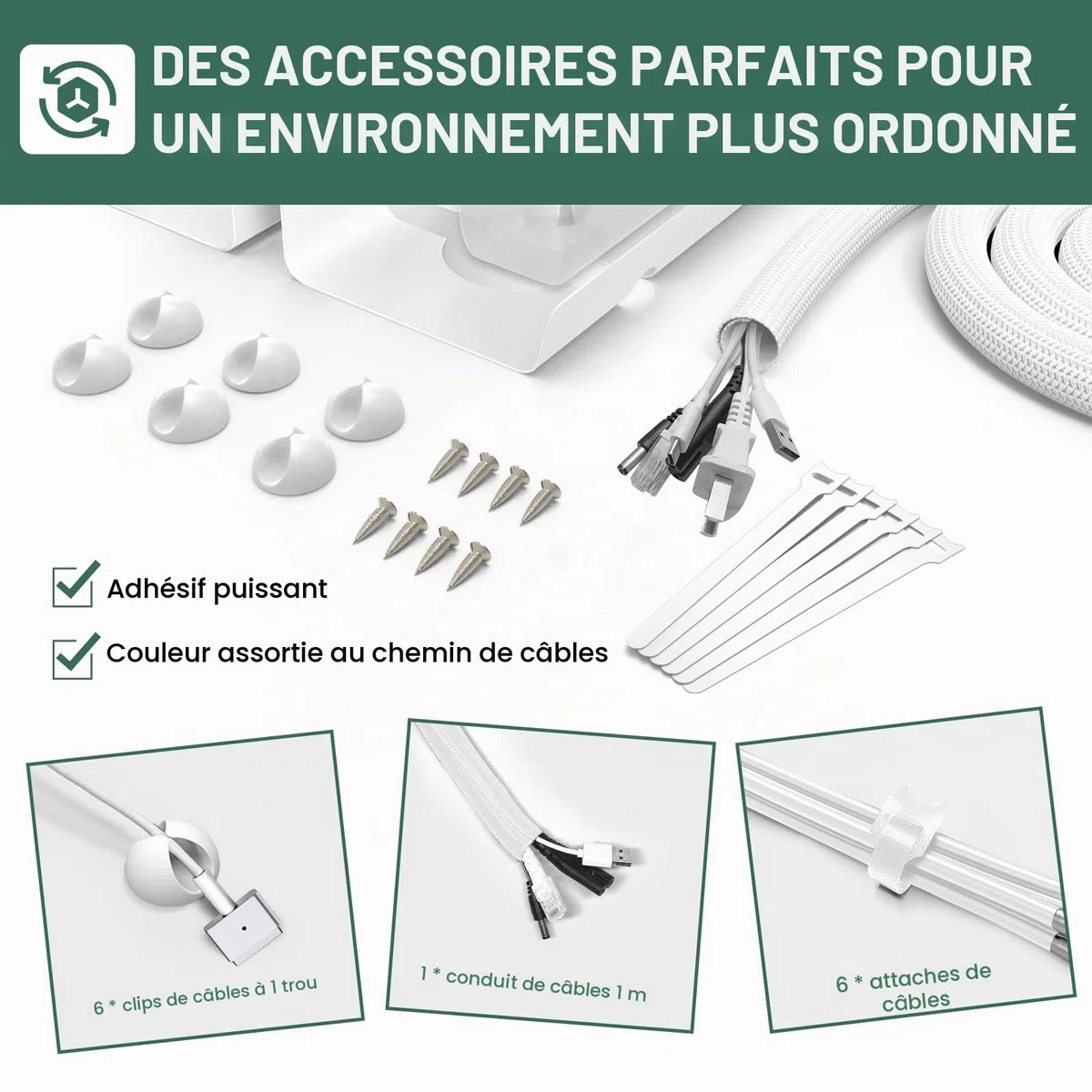Goulotte de câbles de bureau - Lot de 2 - Gestion des câbles de bureau sans perçage - 43 cm Support de câbles Goulotte de câbles Table avec accessoires - Passe-câbles pour l'ordre sur le lieu