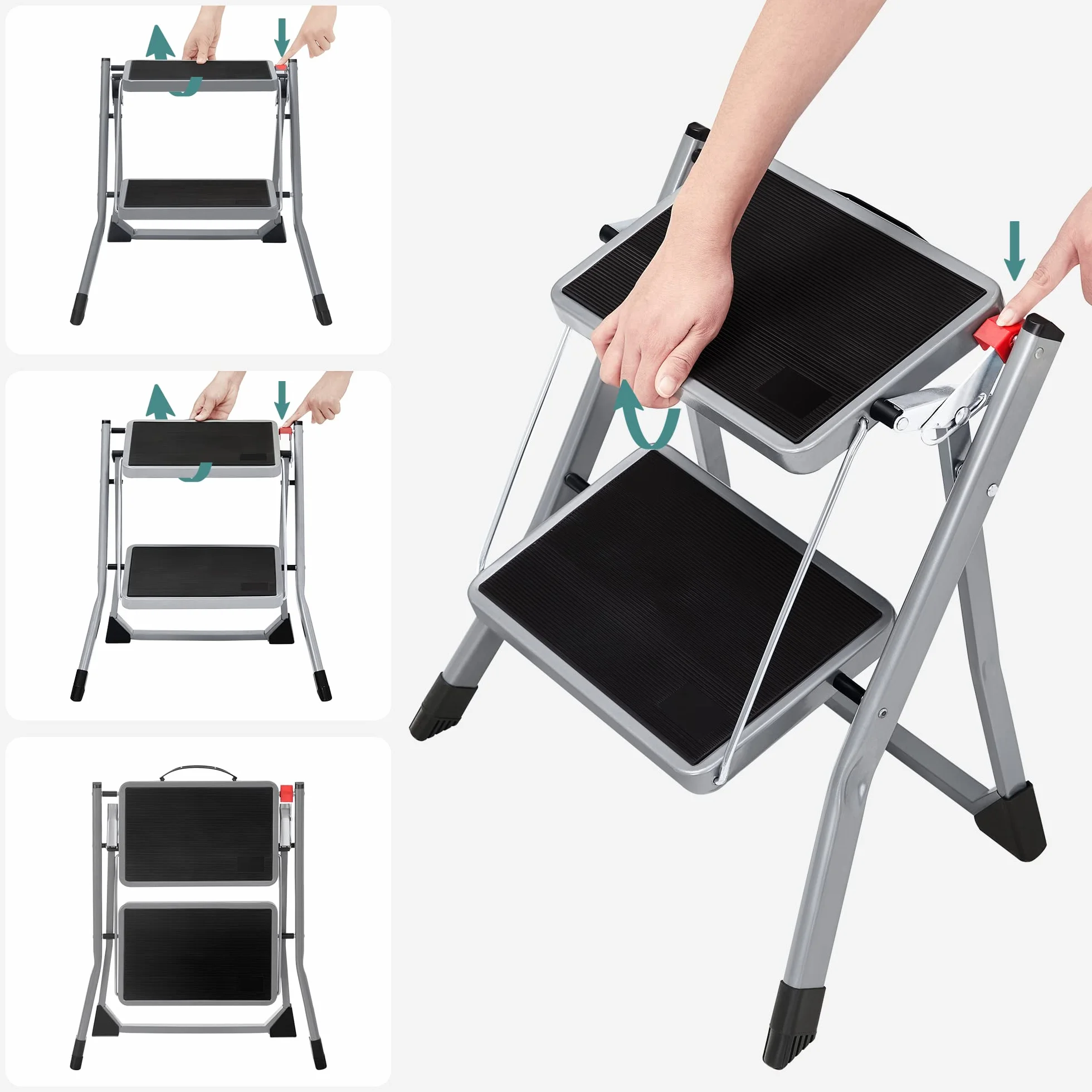 SONGMICS Escabeau à 2 Marches, Marche-Pieds Pliable, Largeur de Marche 20 cm, Caoutchouc Antidérapant, avec Poignée, Charge 150 kg, en Acier, Gris et Noir GSL002GY01