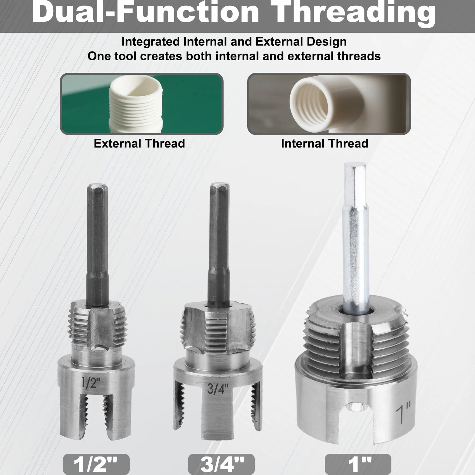 Lot de 3 Outils de Filetage pour Tuyaux, Coupe-Filetage Interne et Externe Intégré à Double Fonction pour Tuyaux en PVC/Plastique 1/2" 3/4" et 1" Compatibles avec les Perceuses Électriques