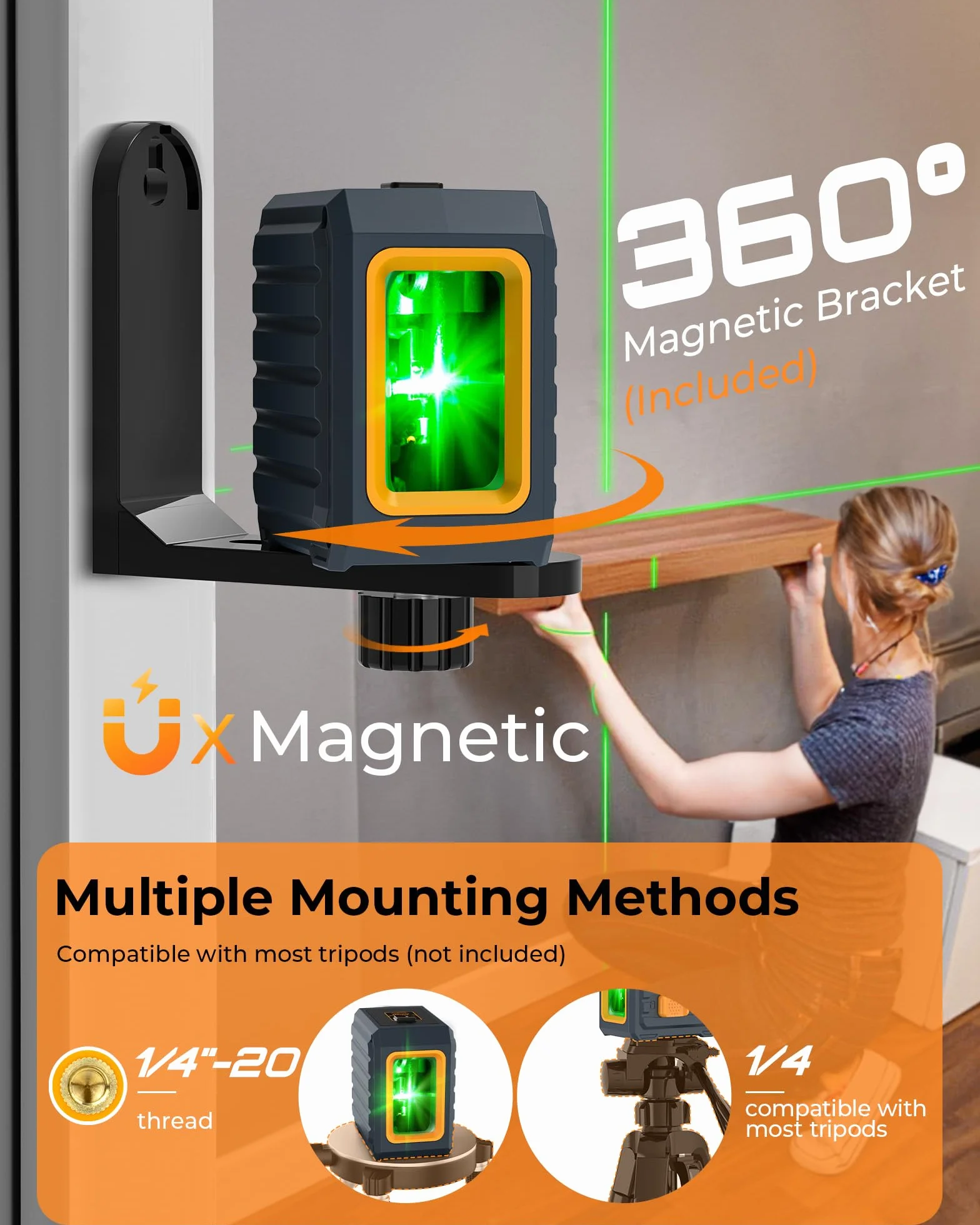 Niveau laser vert CIGMAN avec nivellement automatique et mode manuel, mode impulsion de 30 m, 4 niveaux de luminosité, haute précision ± 0,3 mm/1 M, comprend des piles AA et un support