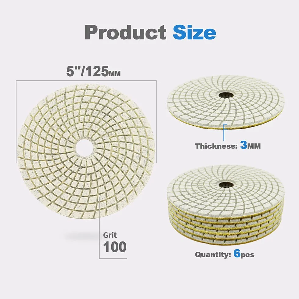 HIGHDRIL Tampons diamantés 125 mm pour polissage humide 6 pièces, disque de polissage grain 100 pour granit, marbre, quartz, pierre artificielle pour meuleuse