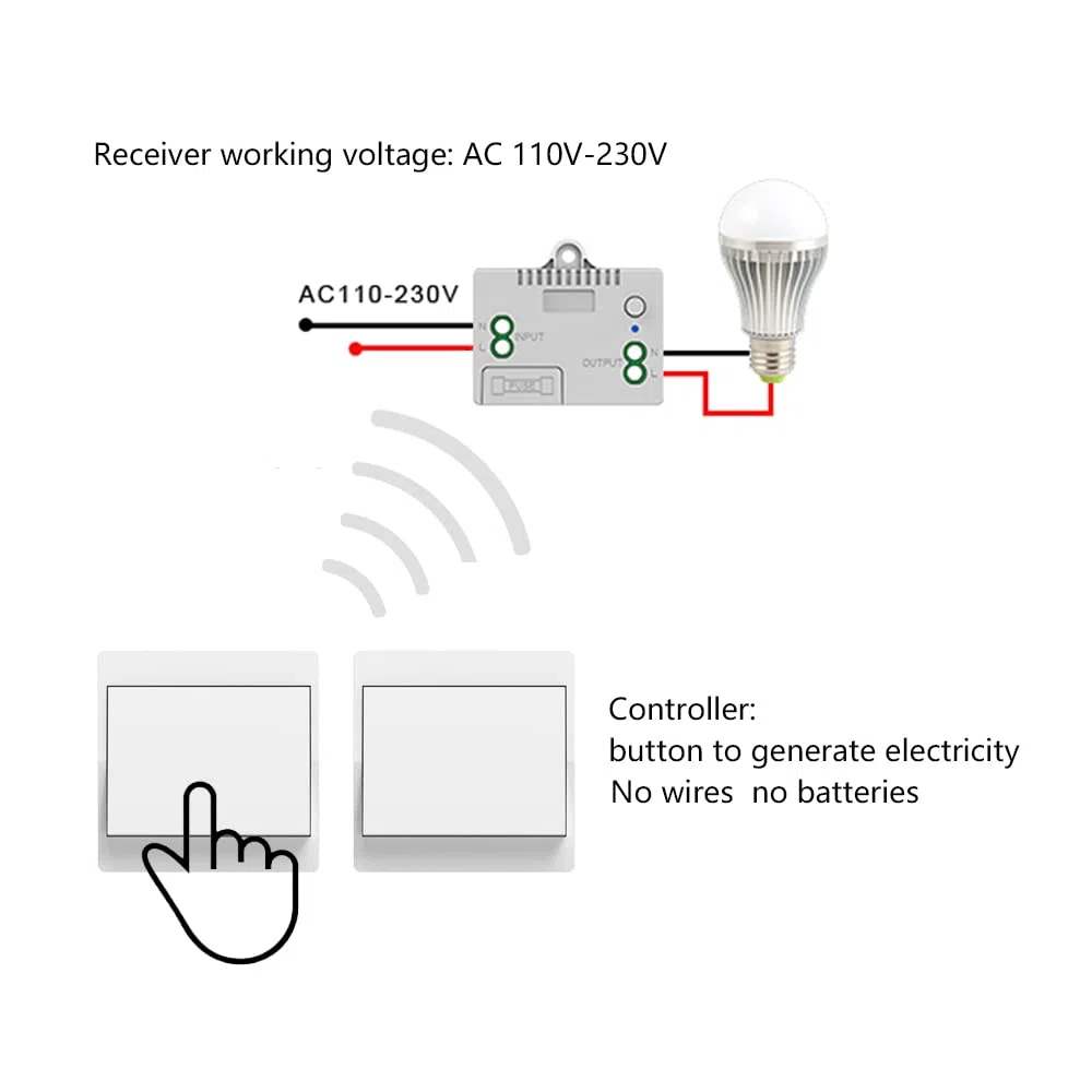 Interrupteur sans fil autoalimenté, sans pile, télécommande sans fil pour les lumières et appareils électriques, étanche et sûr, pouvant être installé directement dans une salle de bain, etc. (1 To 2)