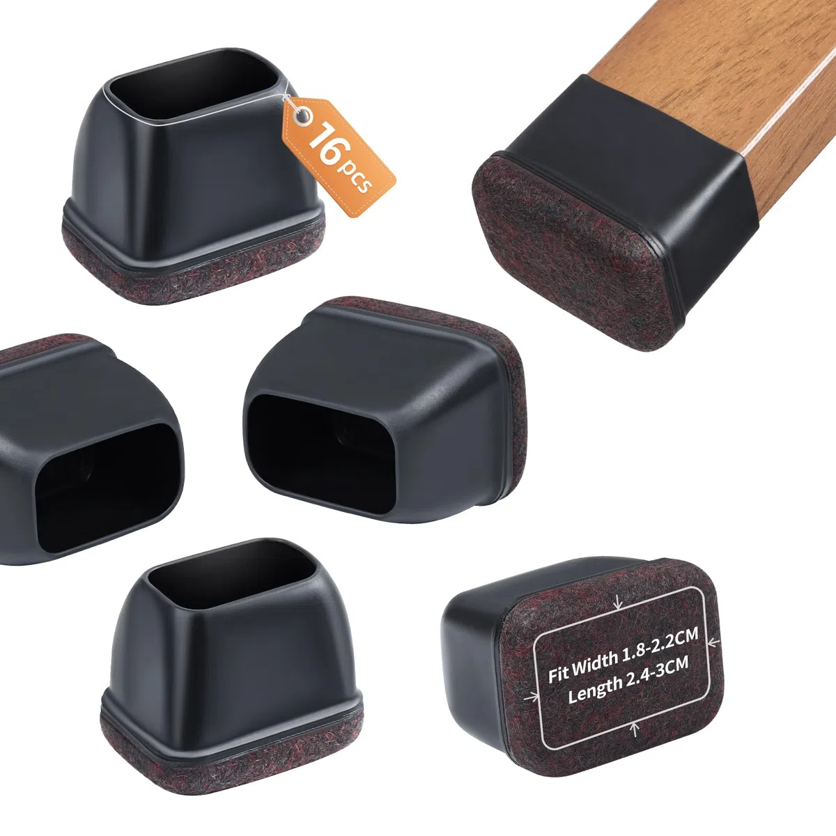 16 Pièces Protection Pied de Chaise, Protection Rectangulaires en Feutre pour Pieds de Chaise, Tampon Chaise Silicone Noir avec Marron Patins en Feutre pour Les Sols en Bois Dur