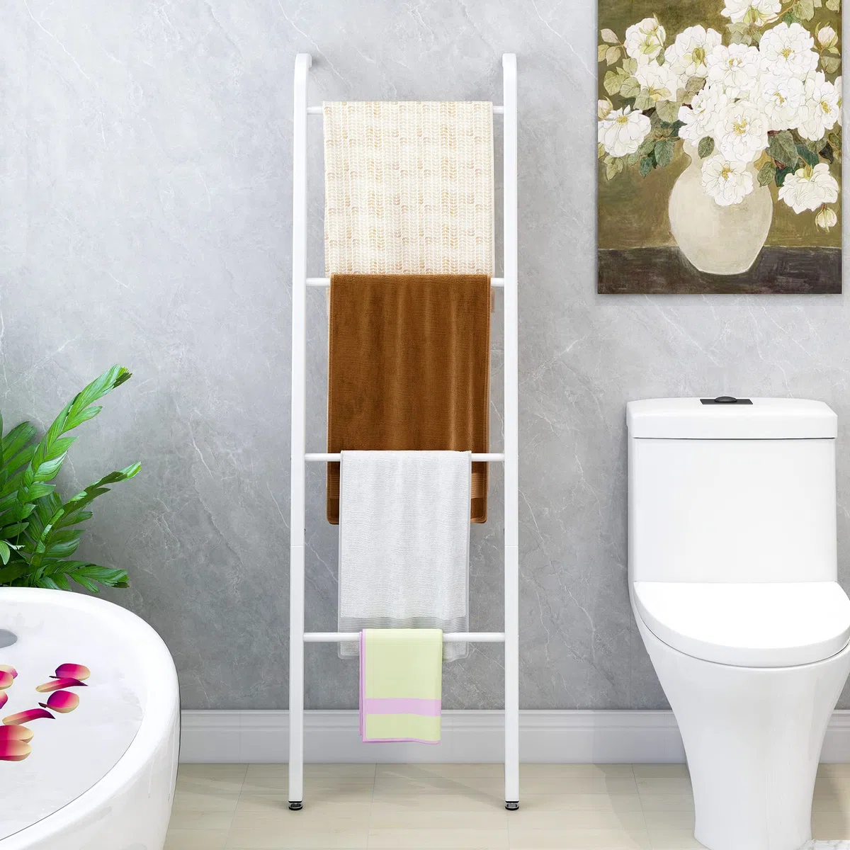 Porte-serviettes blanc à 4 niveaux, Porte-serviettes mural décoratif en forme d'échelle pour serviettes de plafond, salle de bain, chambre à coucher, salon