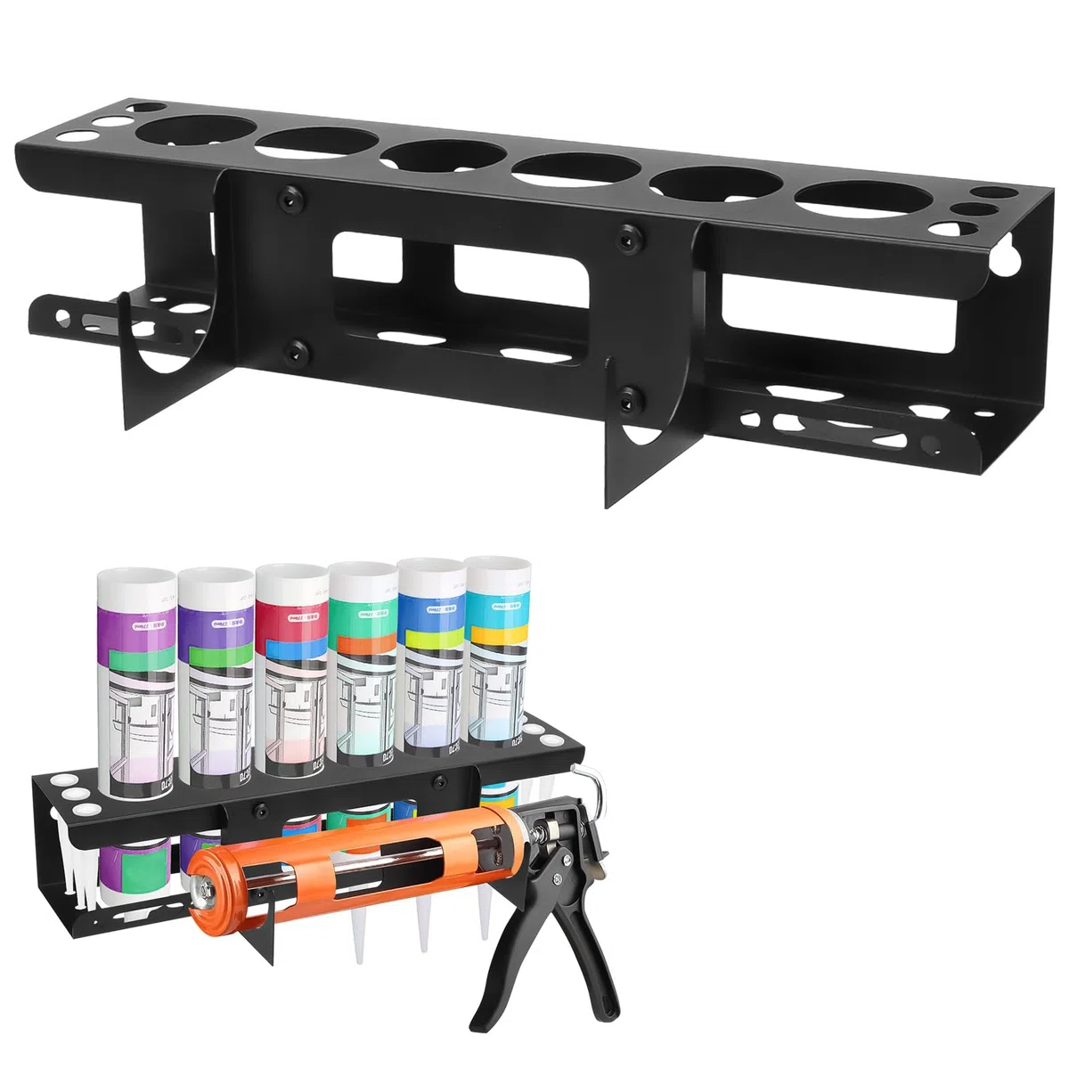 Tefola Support de rangement mural en silicone pour tubes de calfeutrage, pistolets à calfeutrer, support en métal pour rangement d'outils de van, accessoires pour 6 tubes de calfeutrage (1)