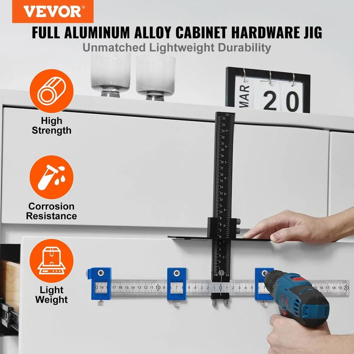 VEVOR Gabarit de Quincaillerie d'Armoire en Alliage d'Aluminium et Acier Inoxydable Gabarit de Perçage Ajustable de Poignées Portes avec Poinçon Central pour Installation de Boutons de Portes Tiroirs