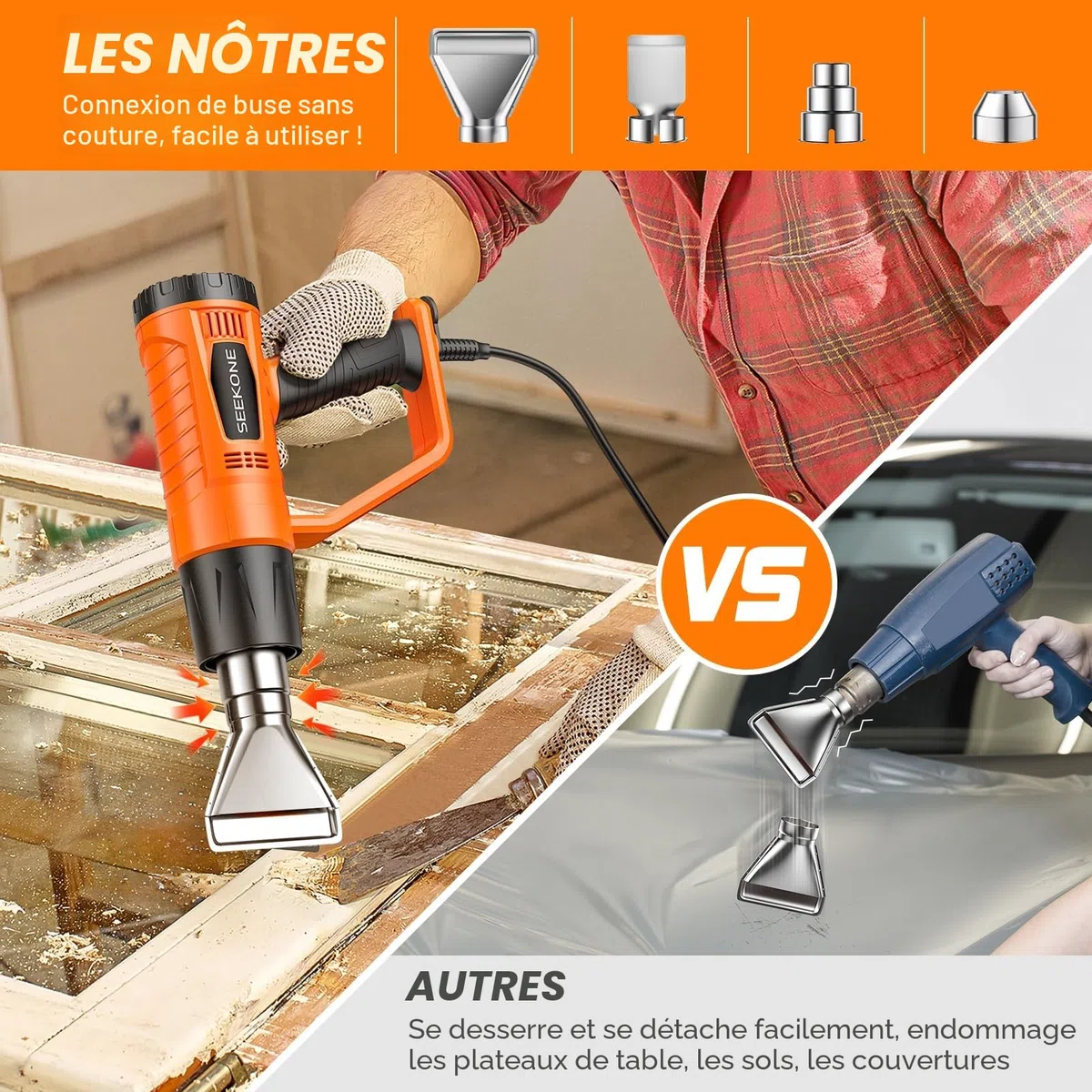 Décapeur Thermique, SEEKONE 2000W 400℃ & 600℃ Réglages Double Température Pistolet Thermique avec 4 Buses, Protection de Surcharge, Manche Antidérapant, Idéal pour Retrait Thermiquement