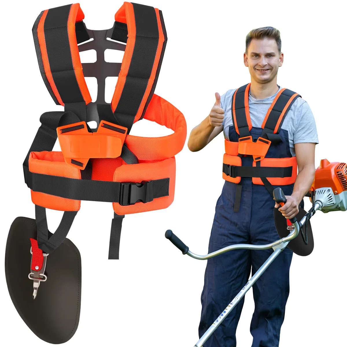 Harnais Double pour Débroussailleuse, Lanière de Support Réglable Universelle pour Coupe-bordures Taille-bordures, Bretelles Rembourrées en Nylon pour Travaux de Jardinage (Orange)