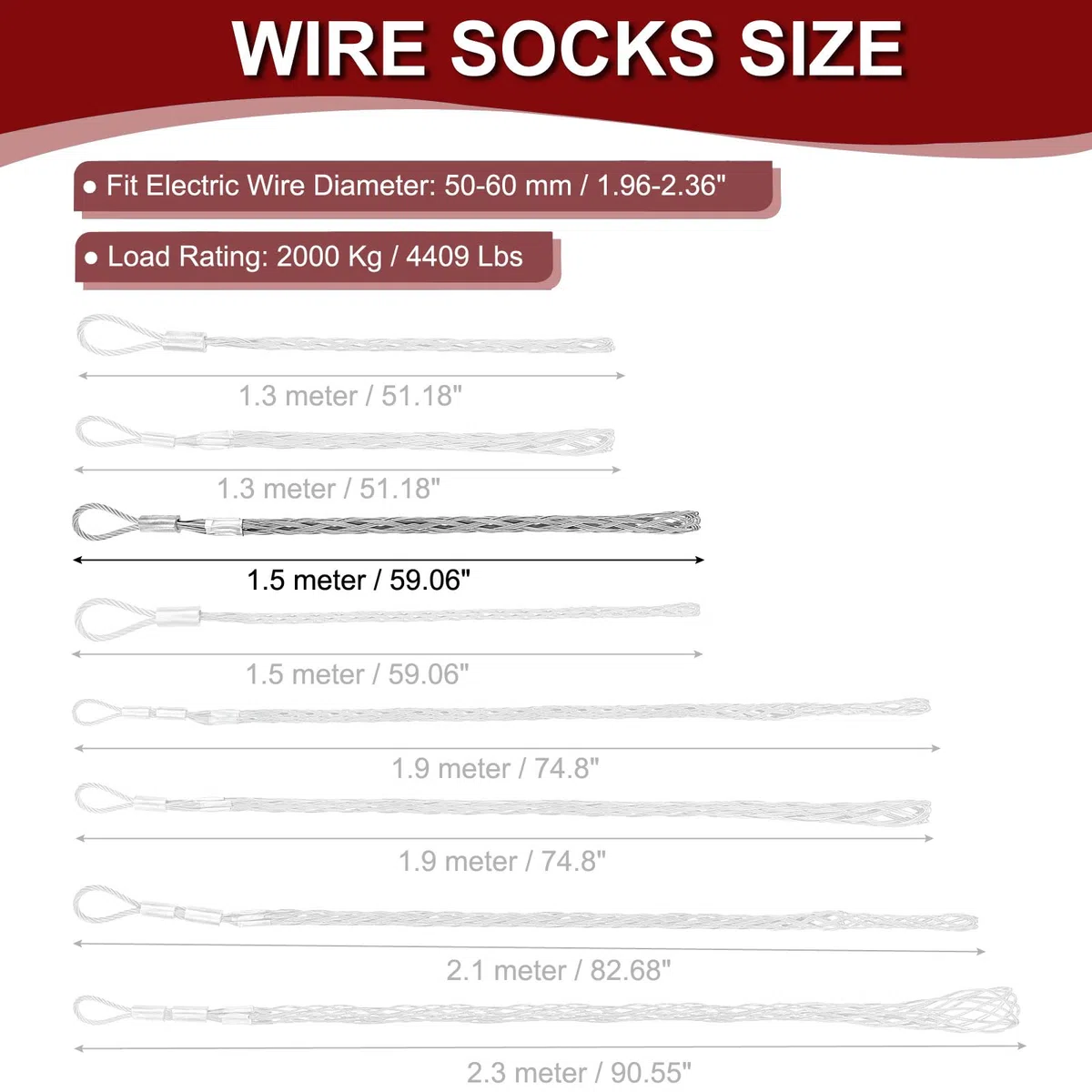 PATIKIL Chaussettes de traction de câble de 50-60 mm de longueur de 51,18 pouces en acier galvanisé pour câbles élastiques, charge nominale de 2000 kg (4409 livres)
