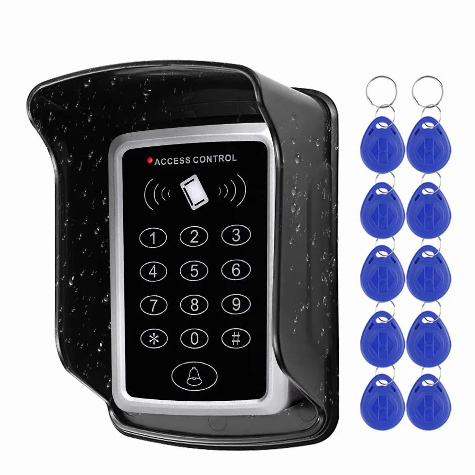 NN99 Clavier RFID - Système de contrôle d'accès - Lecteur de carte EM 125 KHz - Protection étanche à la pluie - 10 porte-clés RFID - Métal noir - Pour maison, appartement, bureau