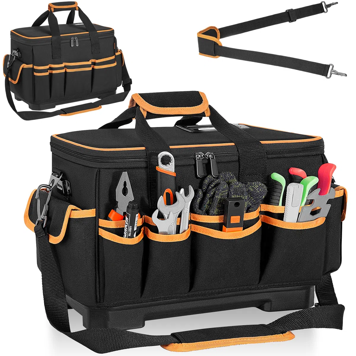 40,5x28x22,5CM Sac à Outils avec 26 Poches et Grande Capacité, Sac de Rangement pour Outils avec Bretelles réglables, Double Fermeture Éclair, Base Rigide Imperméable