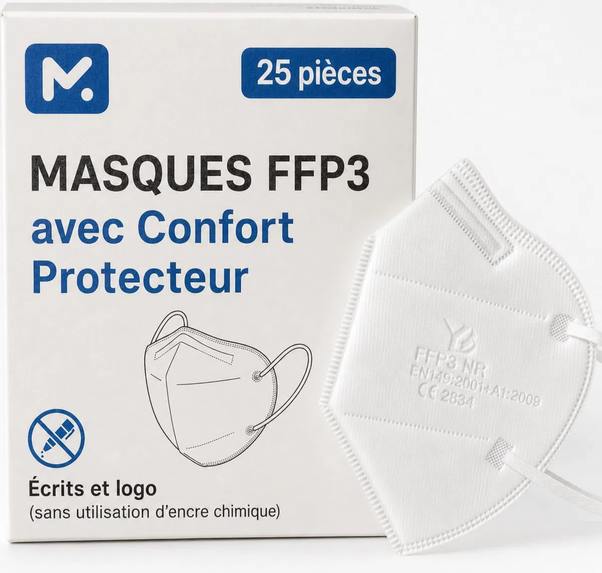 25 Masque FFP3 Certifiés CE, Masque 5 Couches Sans Valve, Masques de Protection Adulte contre les Poussières et les Particules, Masques de Protection Respiratoire Filtrant BFE≥99, 25 Pièces
