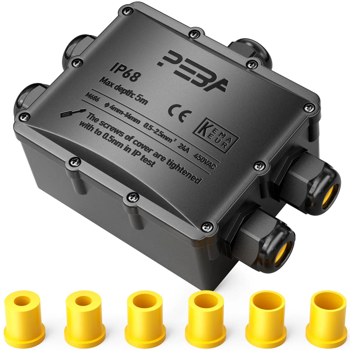 PEBA Boîte dérivation étanche extérieur IP68, Connecteur étanche etanche à 5 Voies pour câble de 4-14 mm de diamètre, Noir