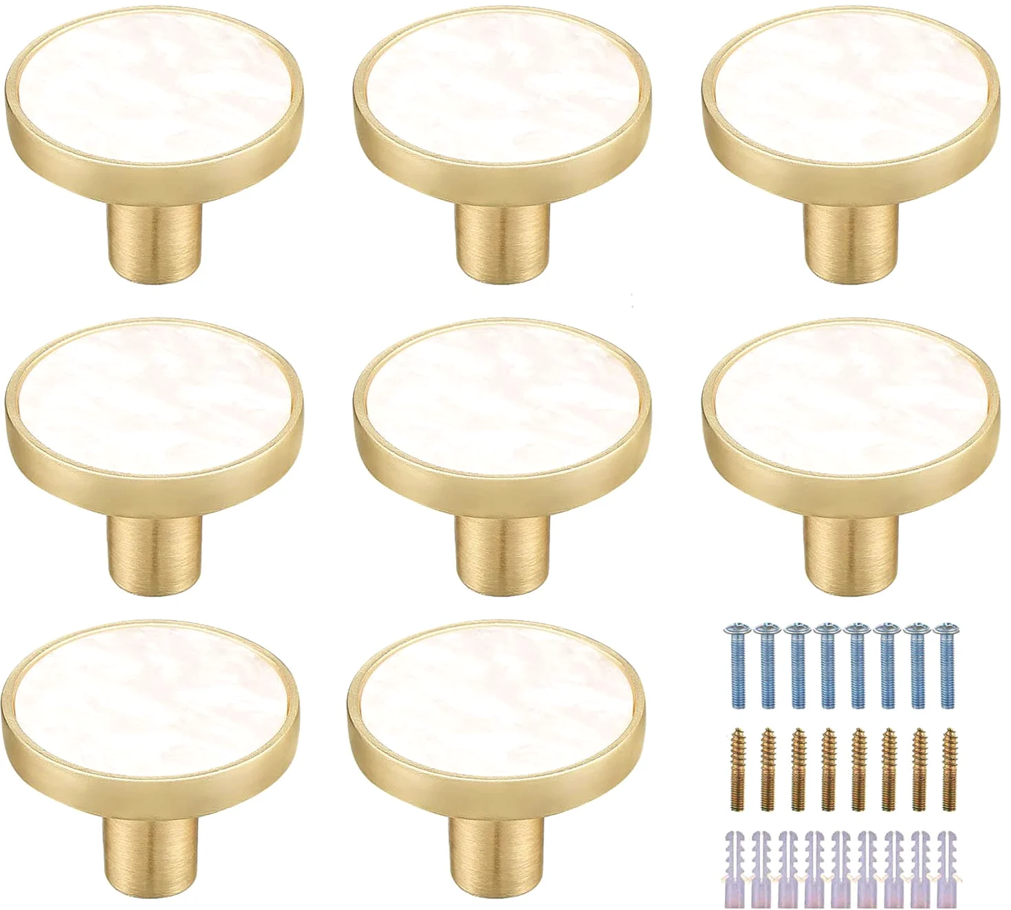 Kyrio Lot de 8 boutons de placard en laiton et marbre ronds blancs - Poignées décoratives pour tiroirs, armoires, meubles de cuisine