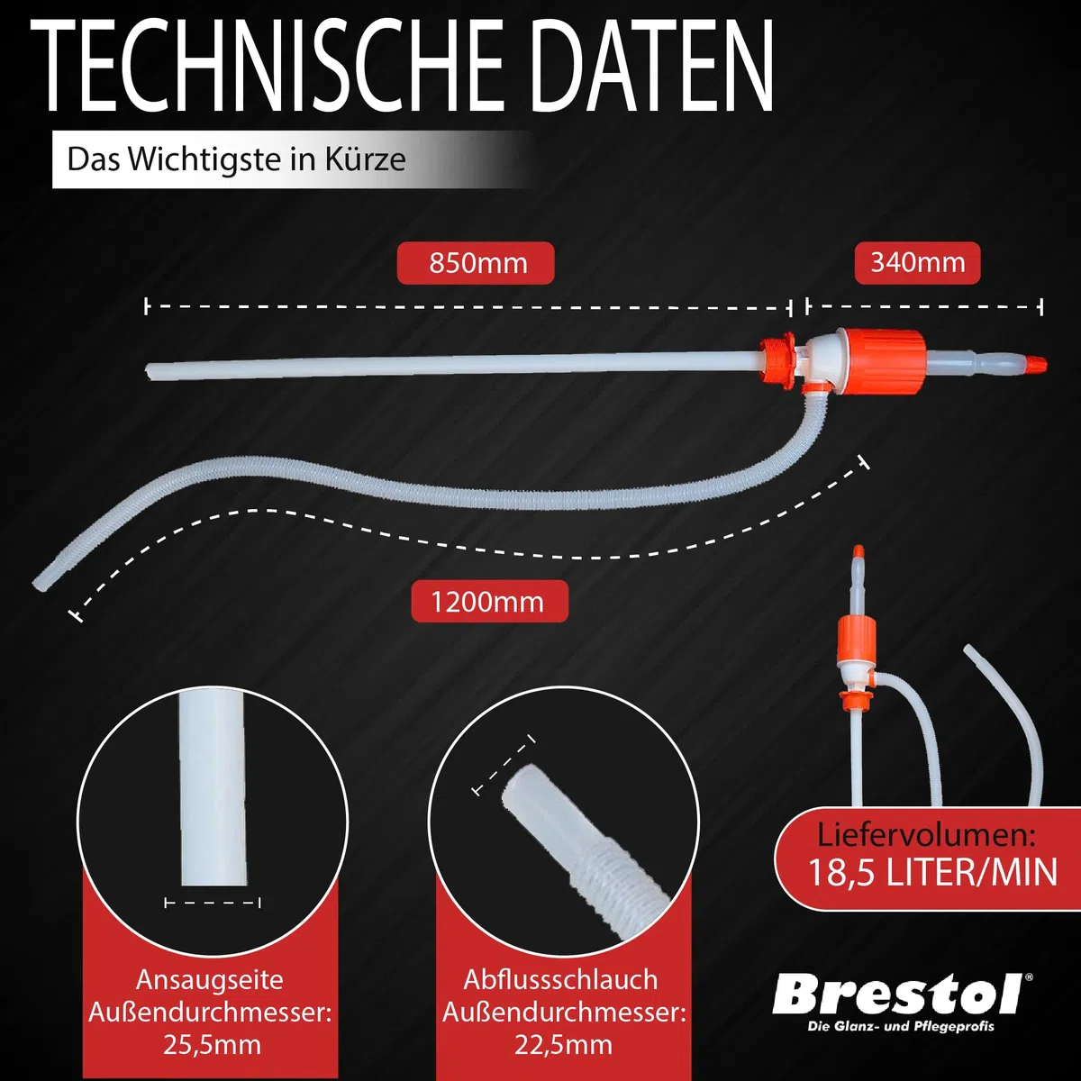 Brestol Pompe à Essence, à Main, Pompe à fût résistante aux acides avec Adaptateur de fût de 210 l pour Essence, Huile Moteur, Eau, acides, alcalis, Diesel, 18,5 l/Minute – Pompe de transvasement