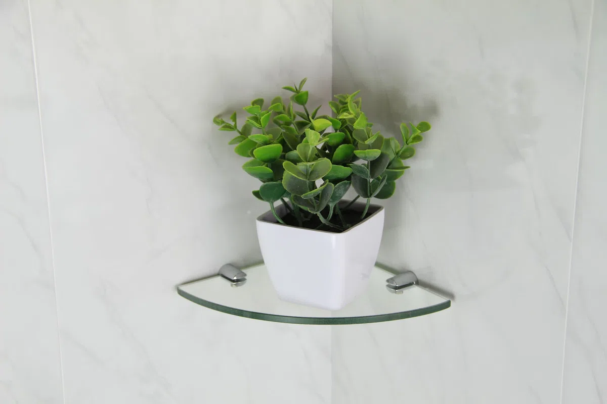 Étagère d'angle en verre trempé avec 2 fixations chromées 200 x 200 mm Épaisseur 6 mm