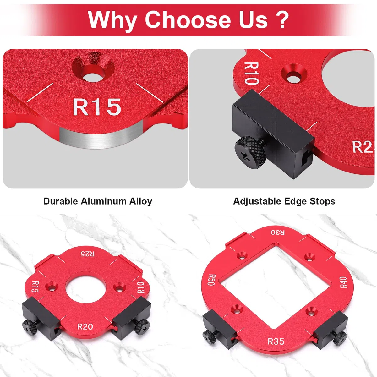 2 Pièces Gabarit Defonceuse a Bois, R10 R15 R20 R25 R30 R35 R40 R50 Gabarit de Toupie avec 4 Fraise Defonceuse, Gabarit de Défonceuse Cercle 4 en1 pour Bricolage du Bois