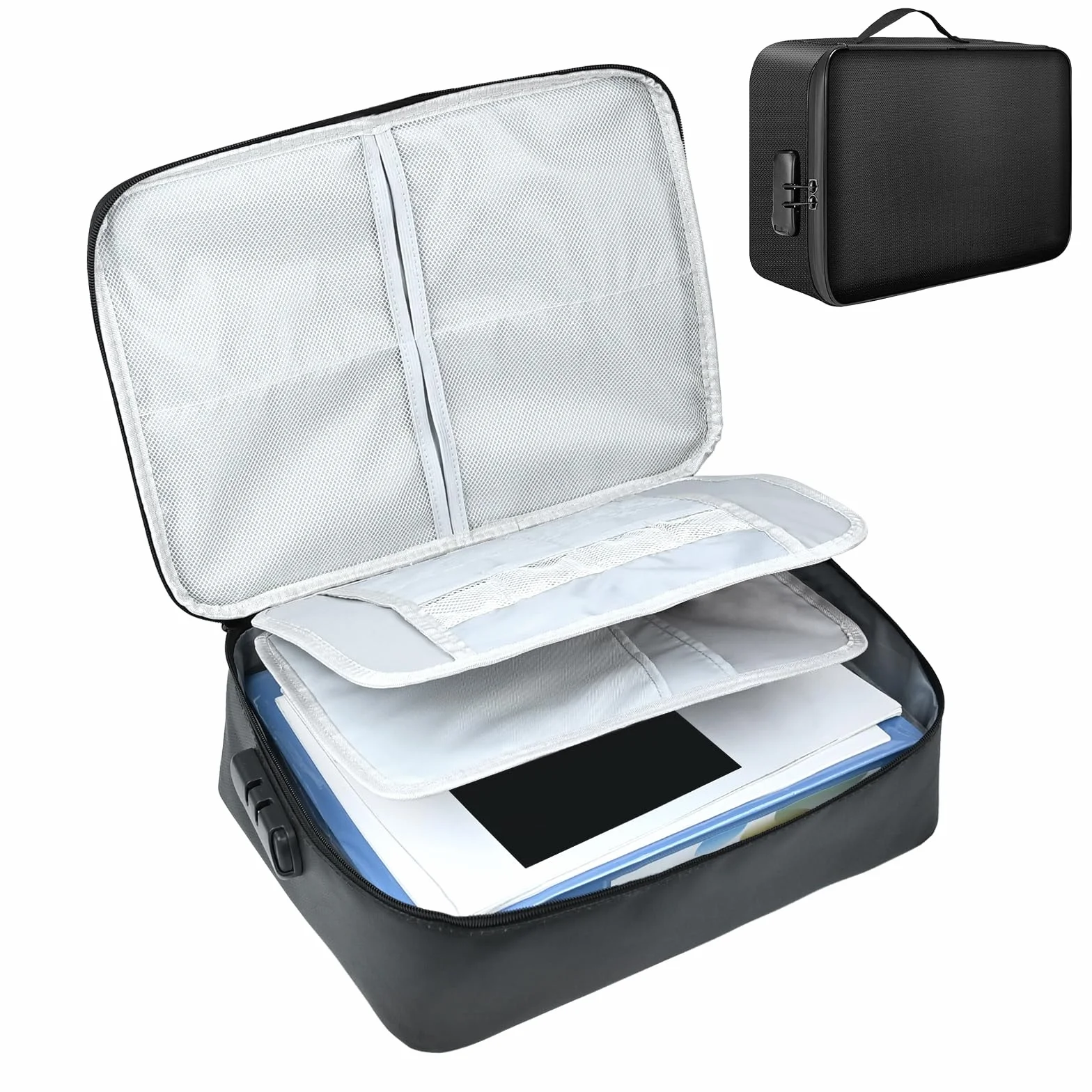 Sac à documents ignifuge / étanche (38 x 28 x 10 cm) 4 couches Grande capacité ignifuge avec serrure, boîte de rangement sécurisée pour passeport, certificats, documents juridiques, objets