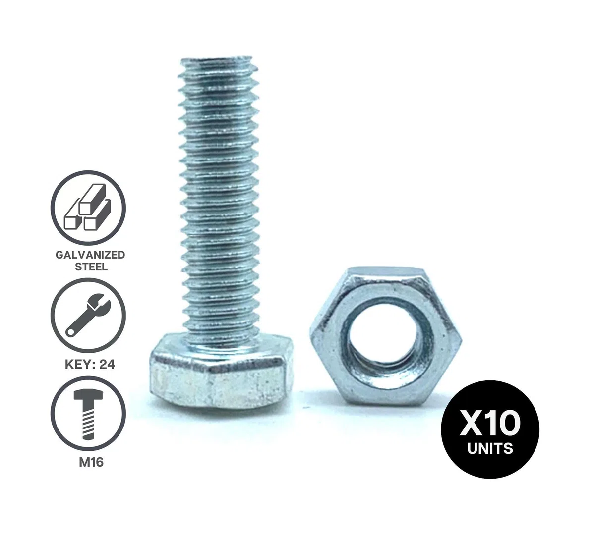 DOJA Barcelona | Boulon et Ecrou M16 | 10 Vis Tête Hexagonale avec 10 Ecrou Hexagonal | M16 x 40mm | en Acier Galvanisé | Boulons et Écrous pour Visserie Service, Vis à Métaux Tête Hexagonale...