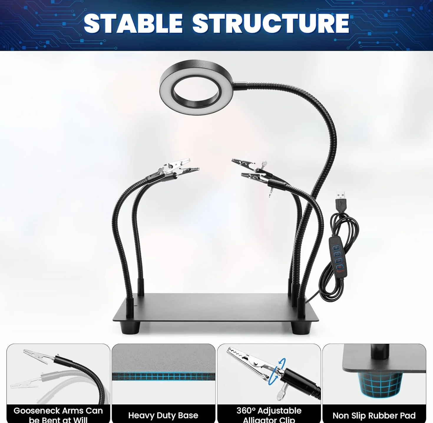 Troisième main - Aide à la soudure troisième main avec 6 loupes lumineuses - Station de soudage avec 4 bras flexibles et lampe loupe LED - Aide à la soudure pour soudeurs, fabricants de bijoux